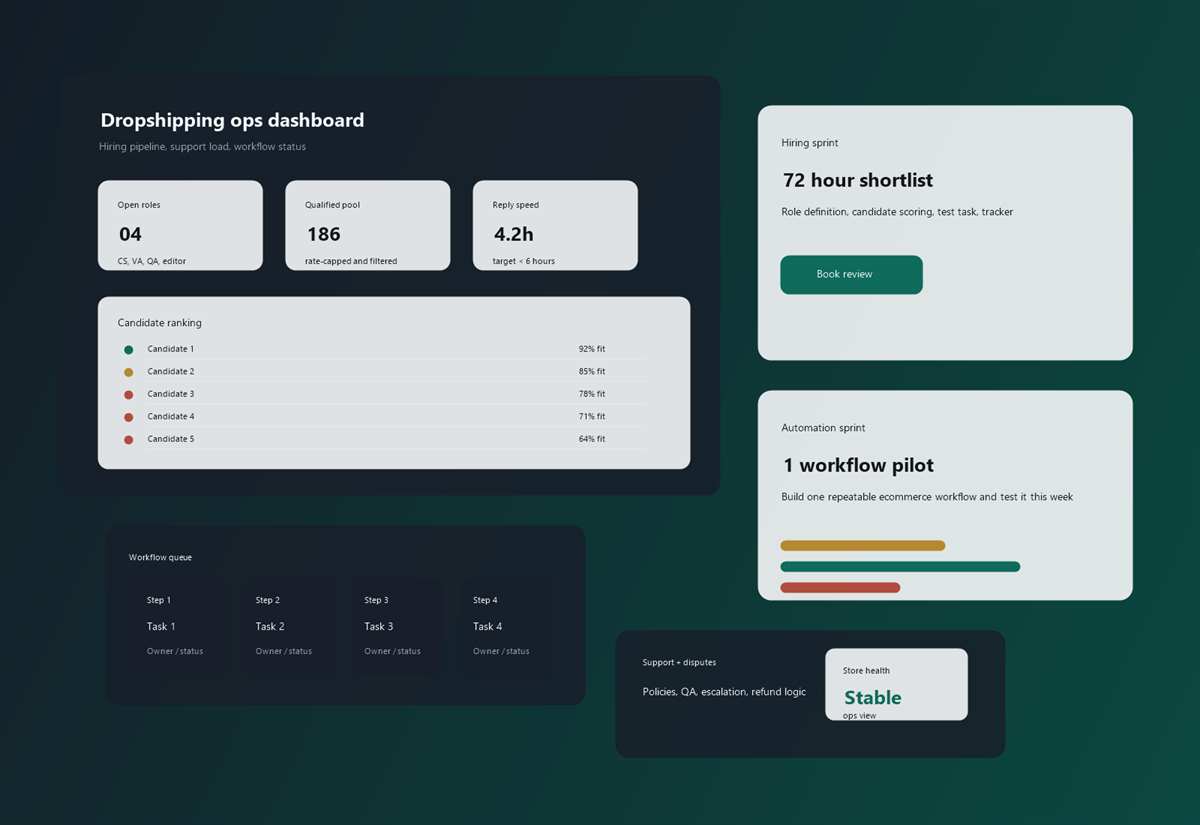 Ecommerce operations dashboard showing team, workflow, and store execution systems.